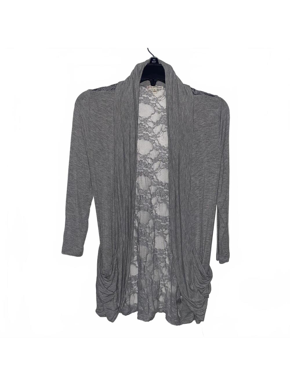 Gray Lace Back Cardigan Large Soft Girl Boho Layering Lightweight Cozy Chic
